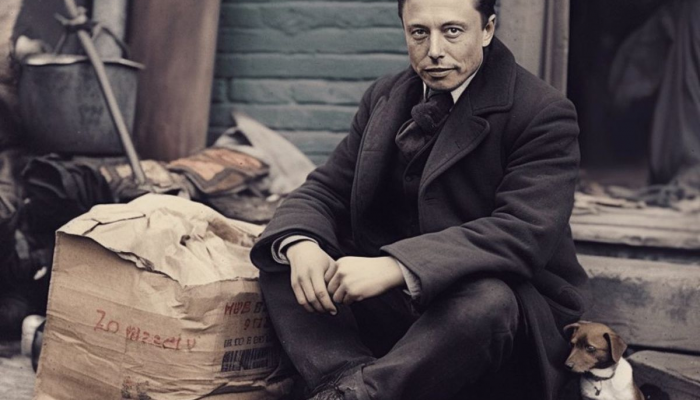 An AI-generated image created using the programme MID JOURNEY shows ELon Musk as a destitute mad during the Great Depression - Artist: Gokul Pillay